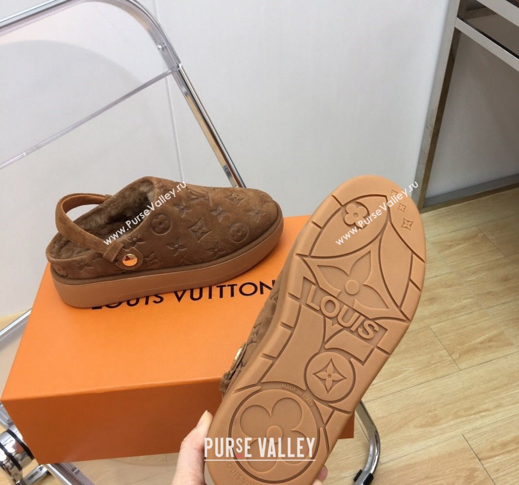 Louis Vuitton Lous Open Back Mules in Monogram Suede and Wool Brown 2023 (MD-231121027)