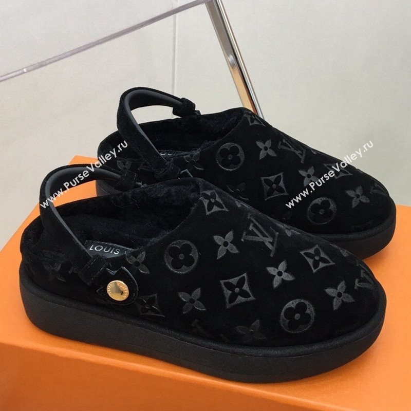 Louis Vuitton Lous Open Back Mules in Monogram Suede and Wool Black 2023 (MD-231121028)