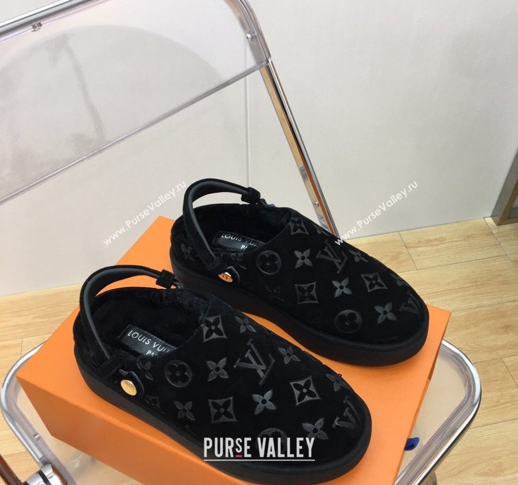 Louis Vuitton Lous Open Back Mules in Monogram Suede and Wool Black 2023 (MD-231121028)