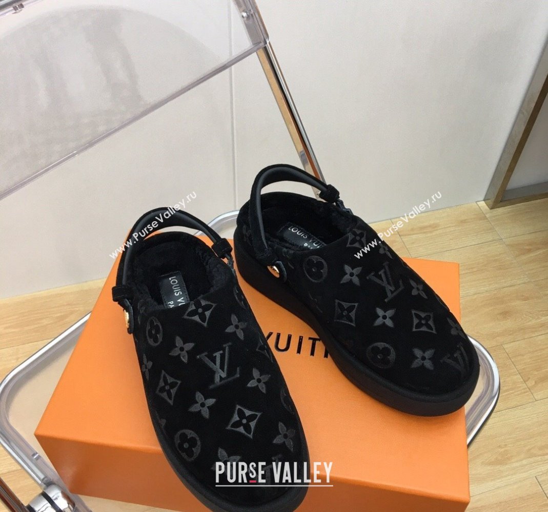 Louis Vuitton Lous Open Back Mules in Monogram Suede and Wool Black 2023 (MD-231121028)