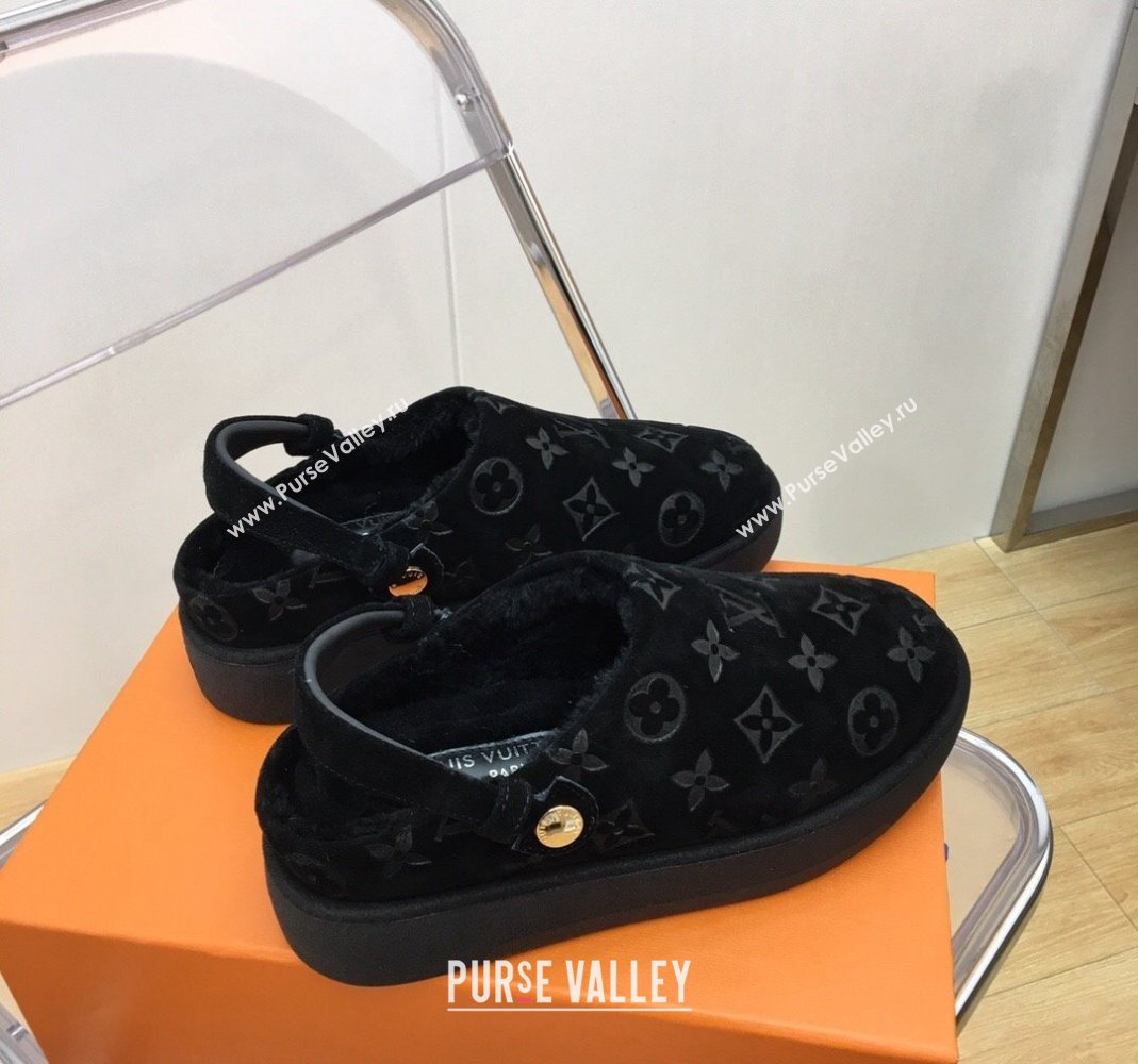 Louis Vuitton Lous Open Back Mules in Monogram Suede and Wool Black 2023 (MD-231121028)