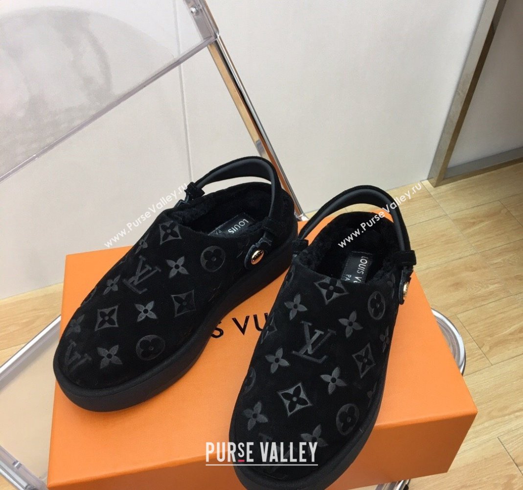 Louis Vuitton Lous Open Back Mules in Monogram Suede and Wool Black 2023 (MD-231121028)