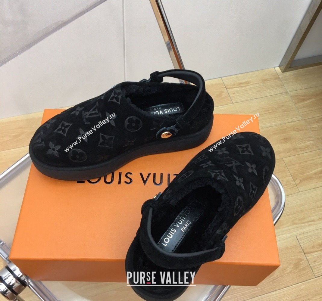 Louis Vuitton Lous Open Back Mules in Monogram Suede and Wool Black 2023 (MD-231121028)