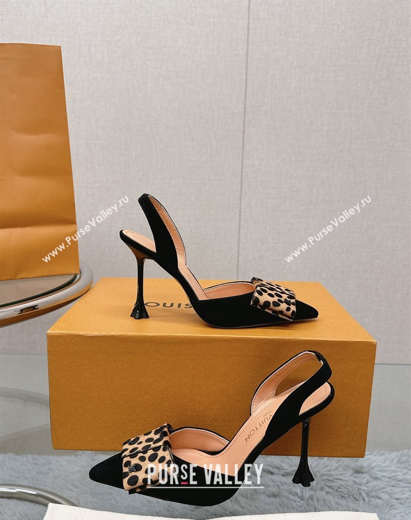 Louis Vuitton Blossom Slingback Pumps 9.5cm in Suede with Bow Black/leopard print 2023 1AC87L (MD-231121049)