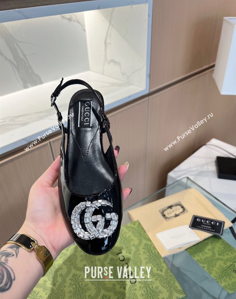 Gucci Slingback Ballet Flat with Crystals Double G in Patent Leather Black 2023 (MD-231117026)