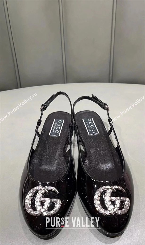 Gucci Slingback Ballet Flat with Crystals Double G in Patent Leather Black 2023 (MD-231117026)