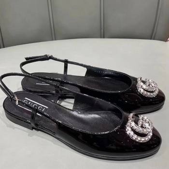 Gucci Slingback Ballet Flat with Crystals Double G in Patent Leather Black 2023 (MD-231117026)