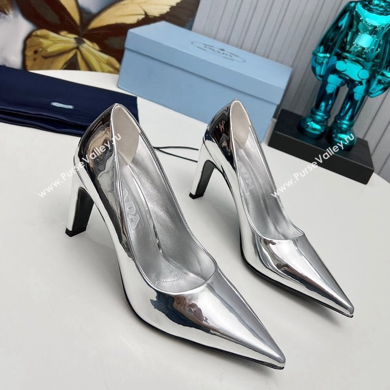 Prada Brushed Leather Pumps 8.5cm Silver 2023 PR111801 (MD-231118005)