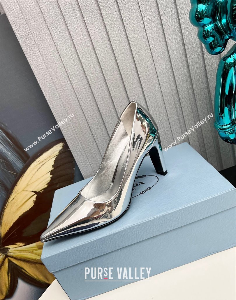 Prada Brushed Leather Pumps 8.5cm Silver 2023 PR111801 (MD-231118005)