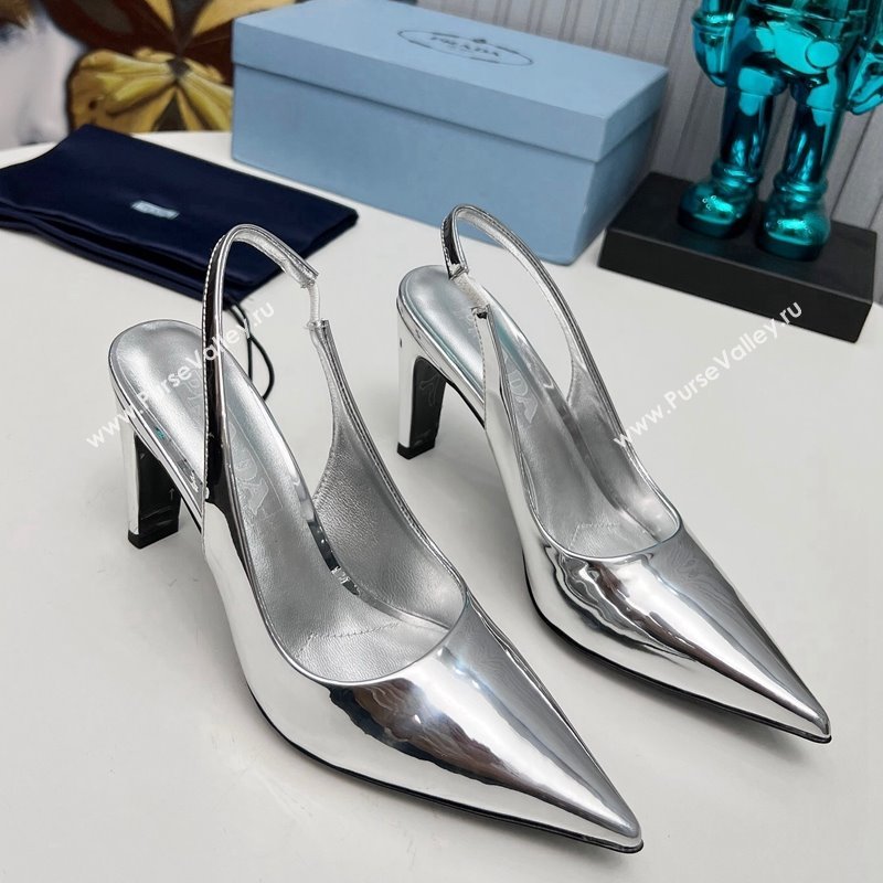 Prada Brushed Slingback Pumps 8.5cm Silver 2023 PR111802 (MD-231118017)