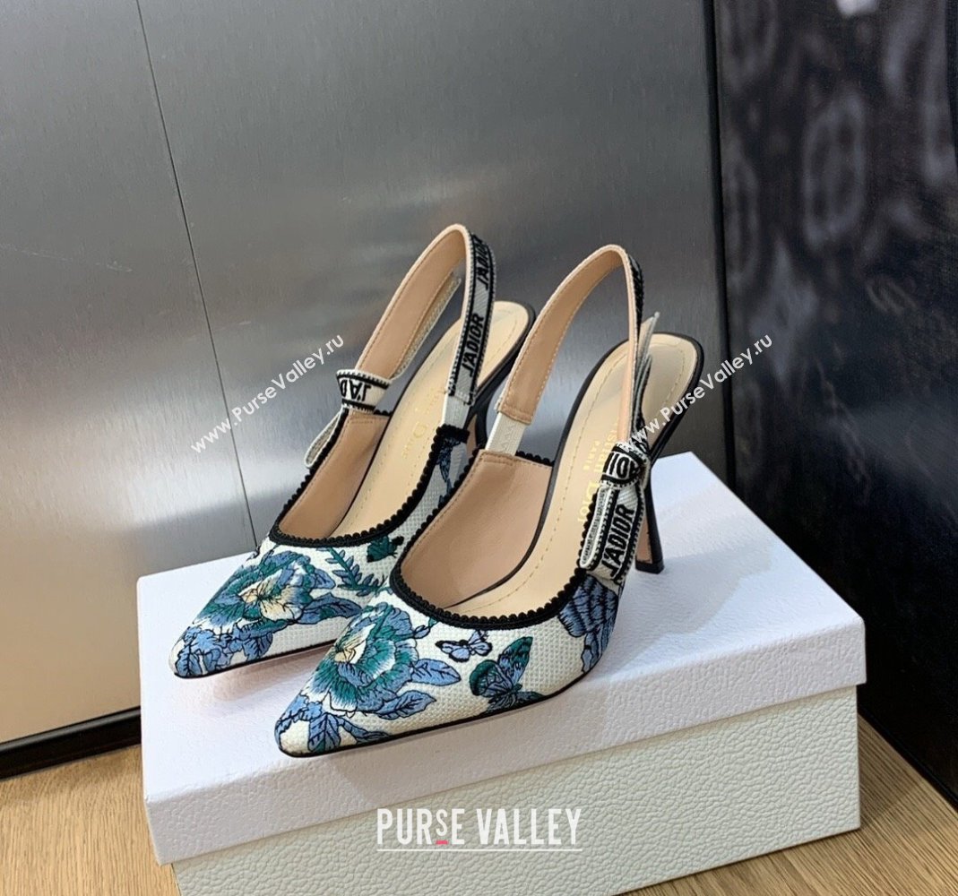 Dior JAdior Slingback Pumps 9.5cm in White and Pastel Midnight Blue Toile de Jouy Mexico Embroidery 2023 (MD-231202001)