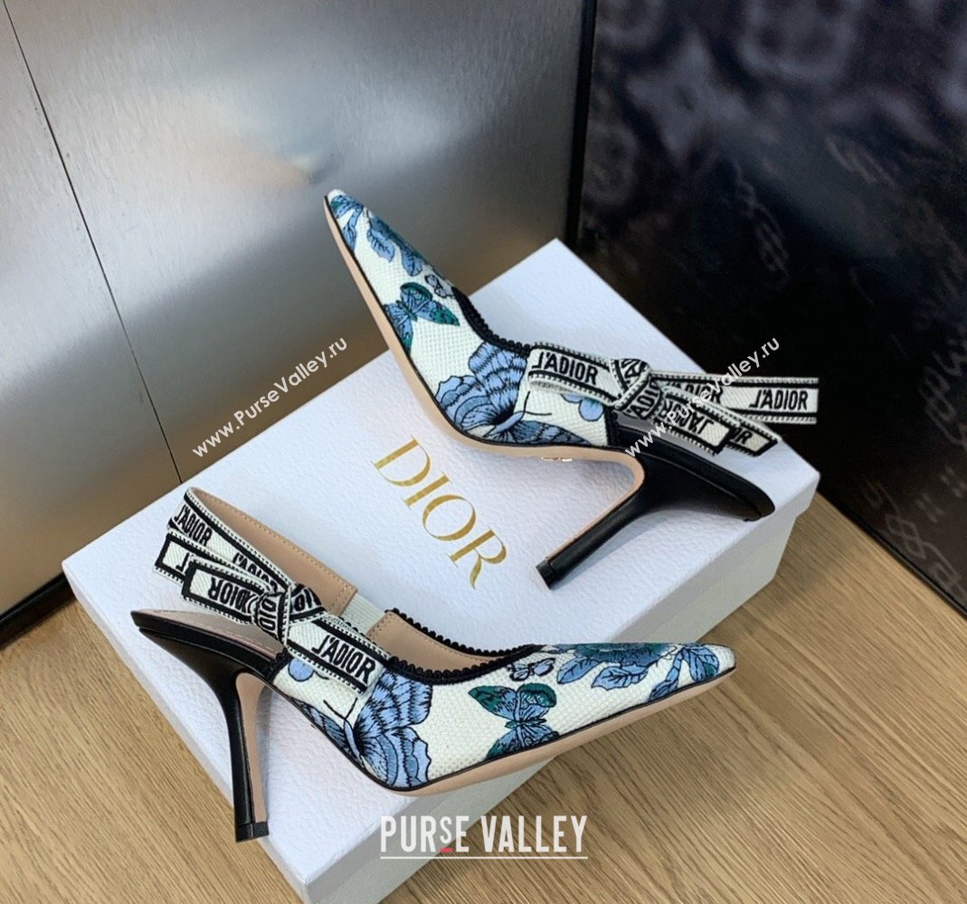 Dior JAdior Slingback Pumps 9.5cm in White and Pastel Midnight Blue Toile de Jouy Mexico Embroidery 2023 (MD-231202001)