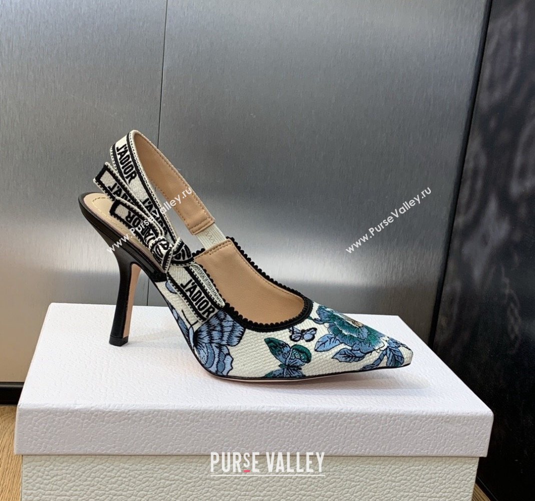 Dior JAdior Slingback Pumps 9.5cm in White and Pastel Midnight Blue Toile de Jouy Mexico Embroidery 2023 (MD-231202001)