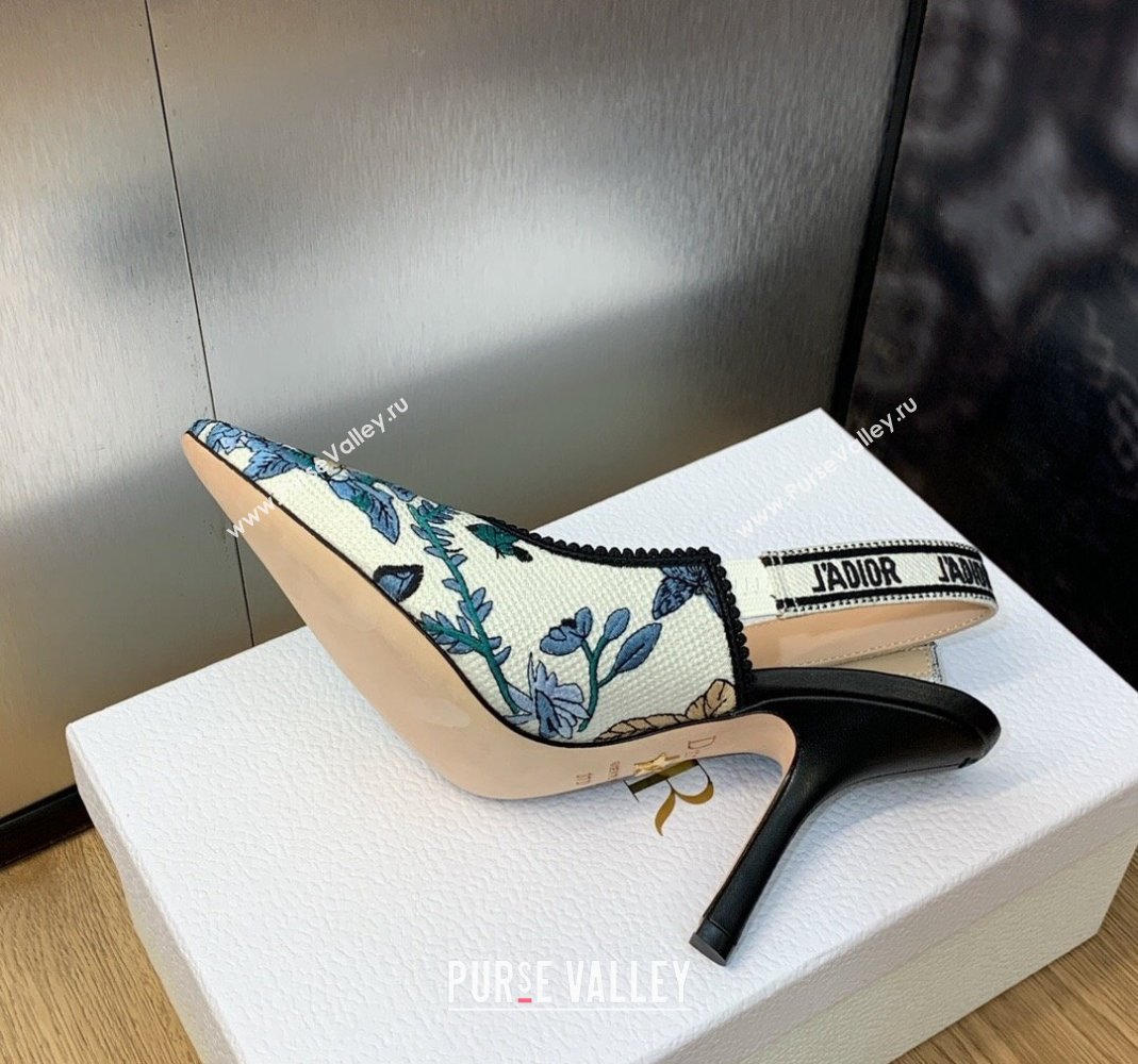 Dior JAdior Slingback Pumps 9.5cm in White and Pastel Midnight Blue Toile de Jouy Mexico Embroidery 2023 (MD-231202001)