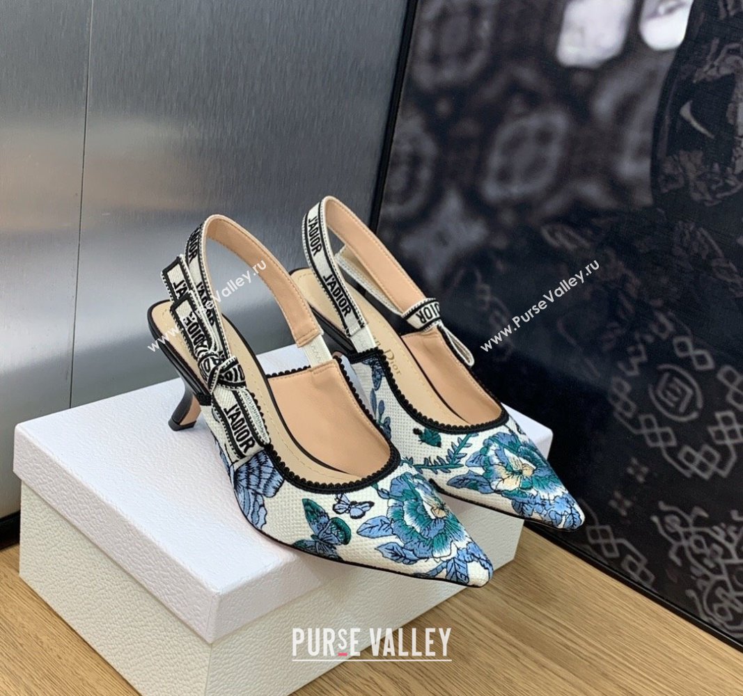 Dior JAdior Slingback Pumps 6.5cm in White and Pastel Midnight Blue Toile de Jouy Mexico Embroidery 2023 (MD-231202002)