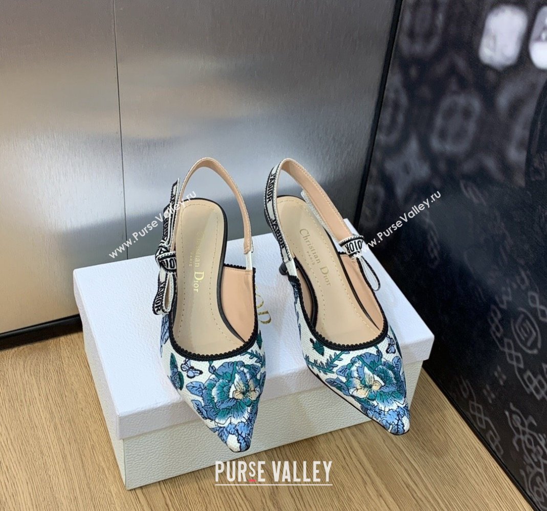 Dior JAdior Slingback Pumps 6.5cm in White and Pastel Midnight Blue Toile de Jouy Mexico Embroidery 2023 (MD-231202002)