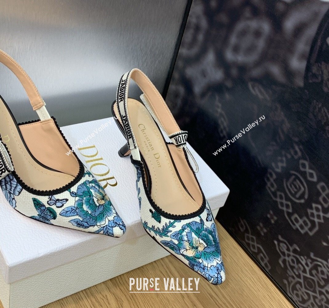 Dior JAdior Slingback Pumps 6.5cm in White and Pastel Midnight Blue Toile de Jouy Mexico Embroidery 2023 (MD-231202002)