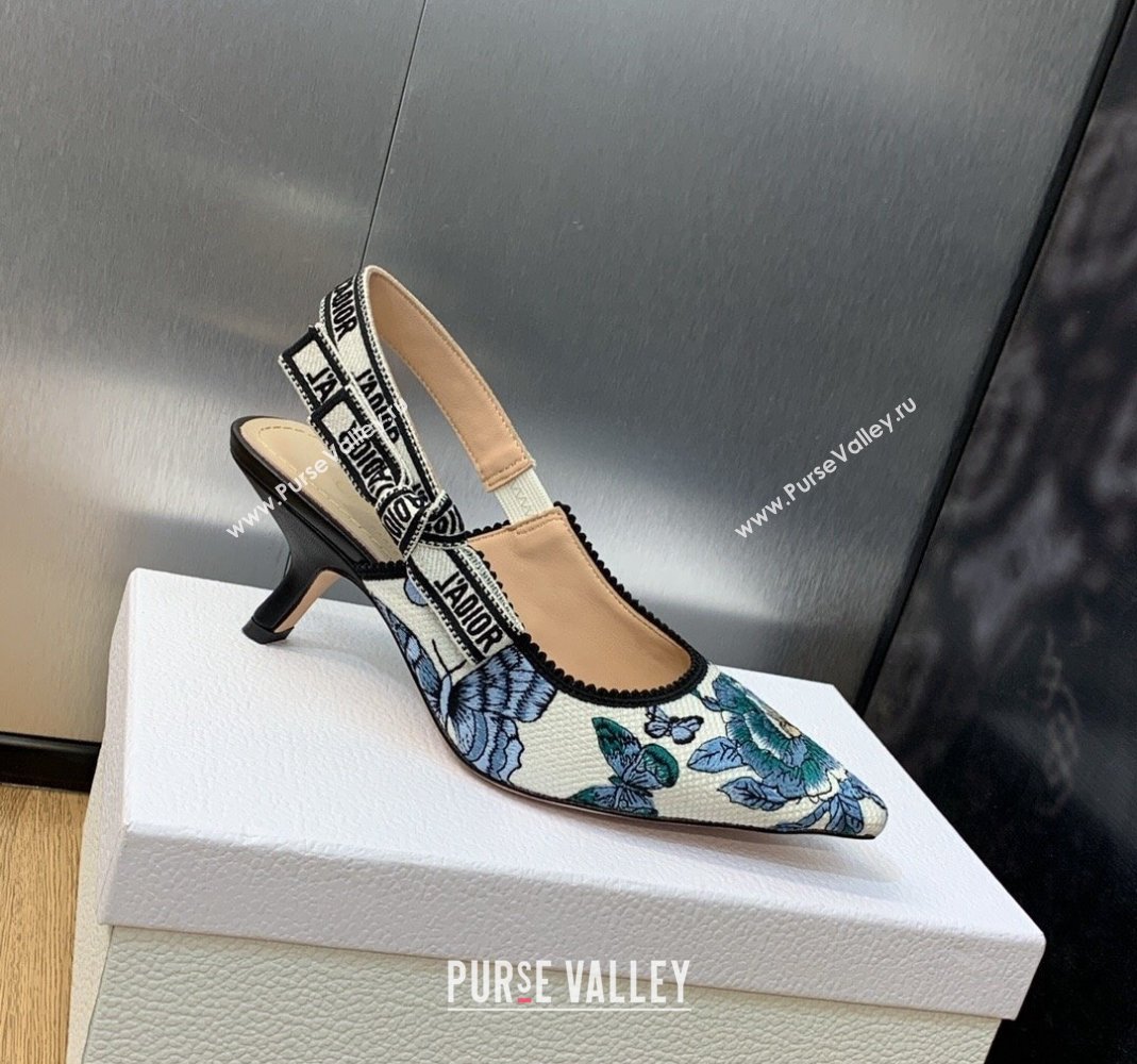 Dior JAdior Slingback Pumps 6.5cm in White and Pastel Midnight Blue Toile de Jouy Mexico Embroidery 2023 (MD-231202002)