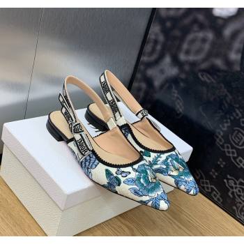 Dior JAdior Slingback Ballet Flat in White and Pastel Midnight Blue Toile de Jouy Mexico Embroidery 2023 (MD-231202003)