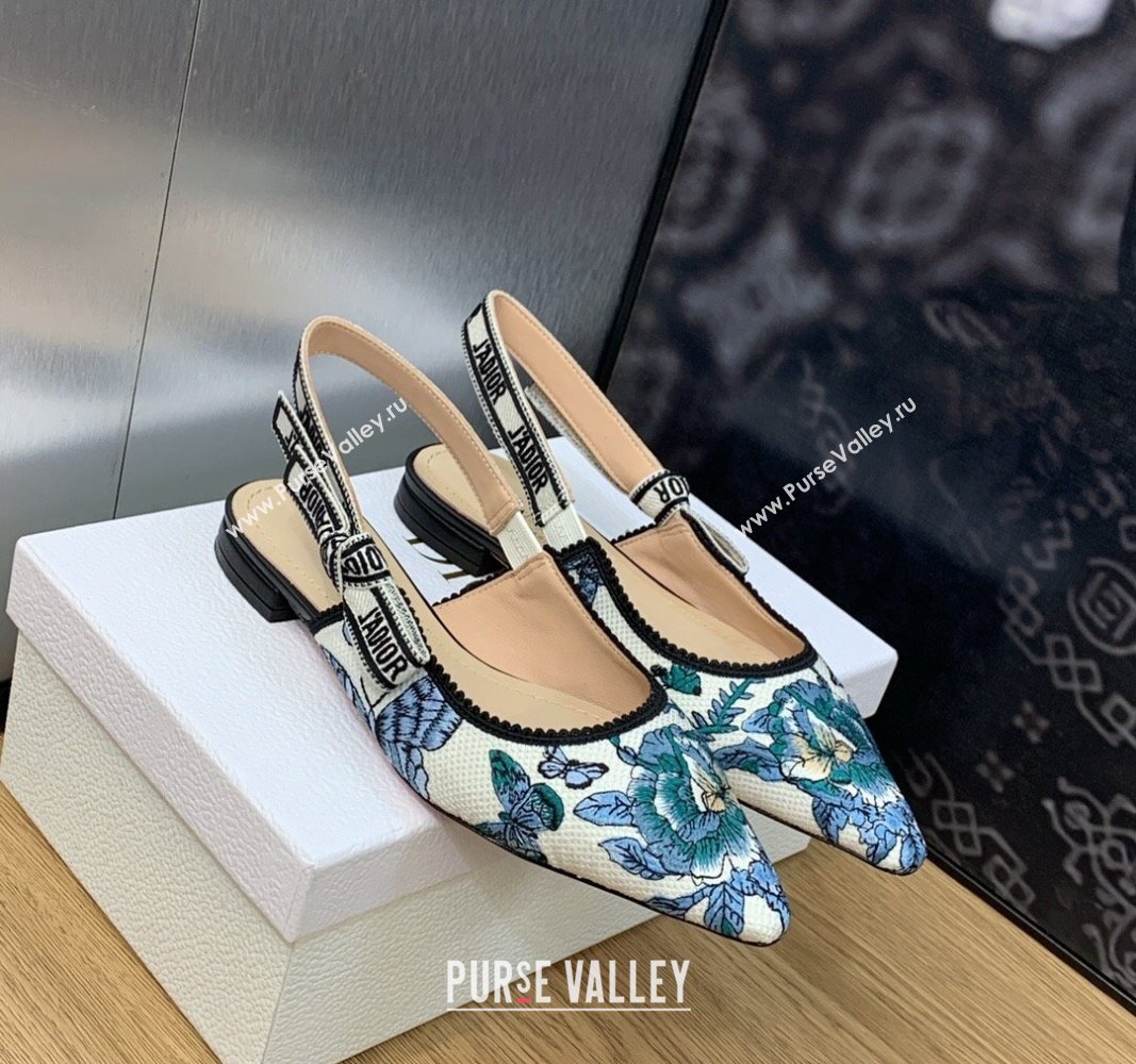 Dior JAdior Slingback Ballet Flat in White and Pastel Midnight Blue Toile de Jouy Mexico Embroidery 2023 (MD-231202003)