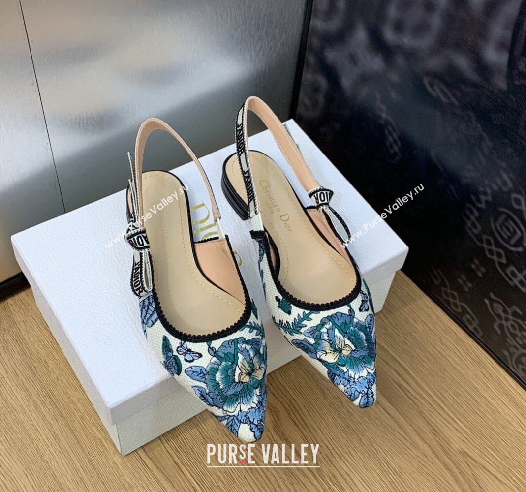 Dior JAdior Slingback Ballet Flat in White and Pastel Midnight Blue Toile de Jouy Mexico Embroidery 2023 (MD-231202003)