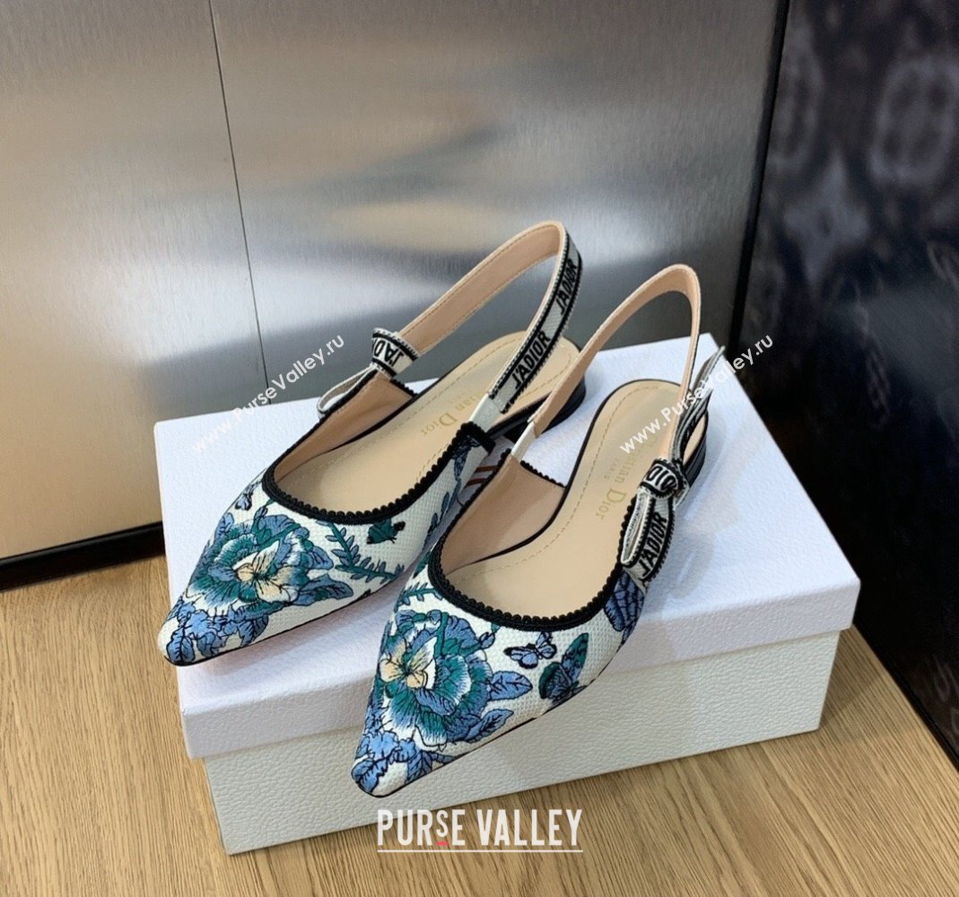 Dior JAdior Slingback Ballet Flat in White and Pastel Midnight Blue Toile de Jouy Mexico Embroidery 2023 (MD-231202003)