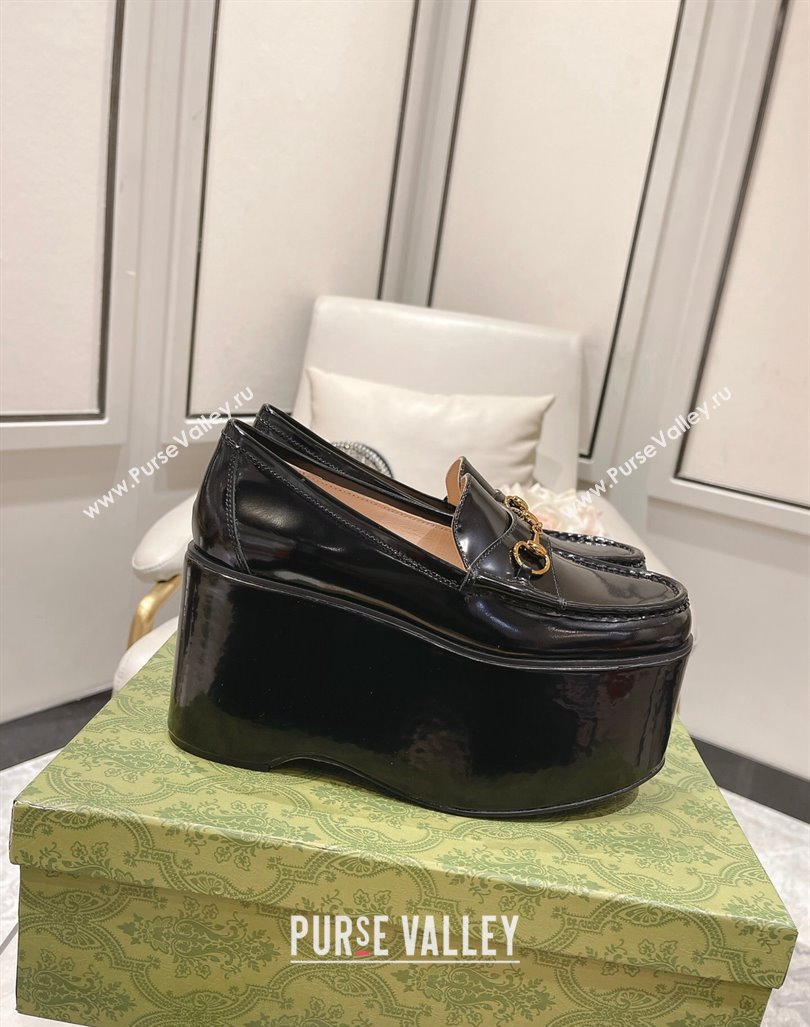 Gucci Ancra Platform Wedge Loafers in Shiny Leather with Horsebit Black 2023 (MD-231204109)