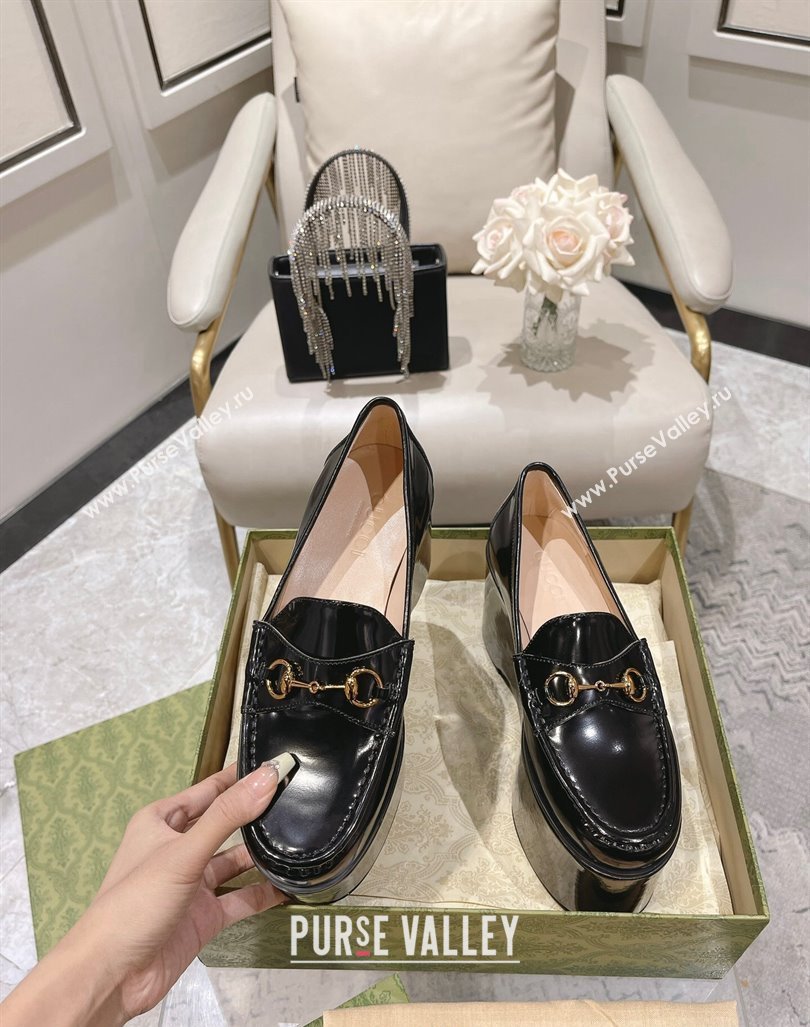 Gucci Ancra Platform Wedge Loafers in Shiny Leather with Horsebit Black 2023 (MD-231204109)