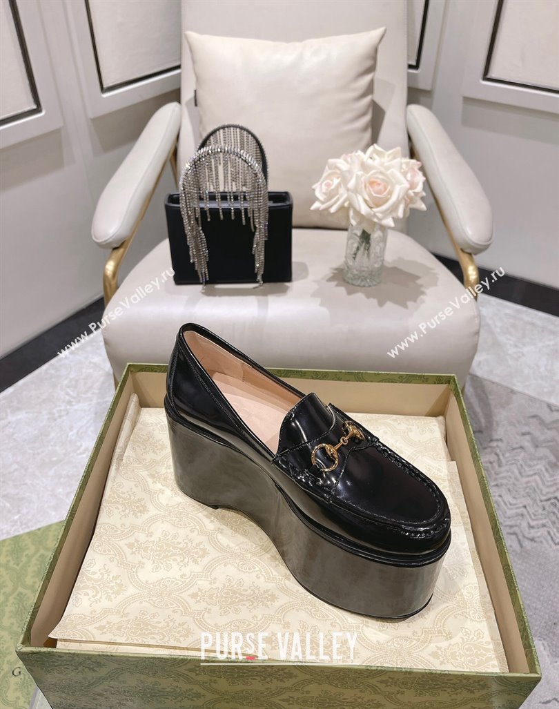 Gucci Ancra Platform Wedge Loafers in Shiny Leather with Horsebit Black 2023 (MD-231204109)