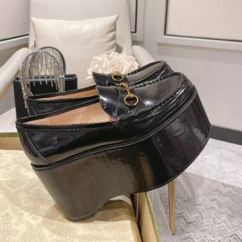 Gucci Ancra Platform Wedge Loafers in Shiny Leather with Horsebit Black 2023 (MD-231204109)