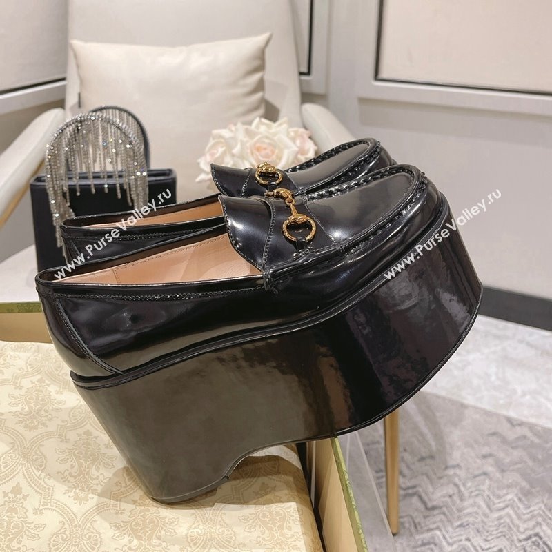 Gucci Ancra Platform Wedge Loafers in Shiny Leather with Horsebit Black 2023 (MD-231204109)