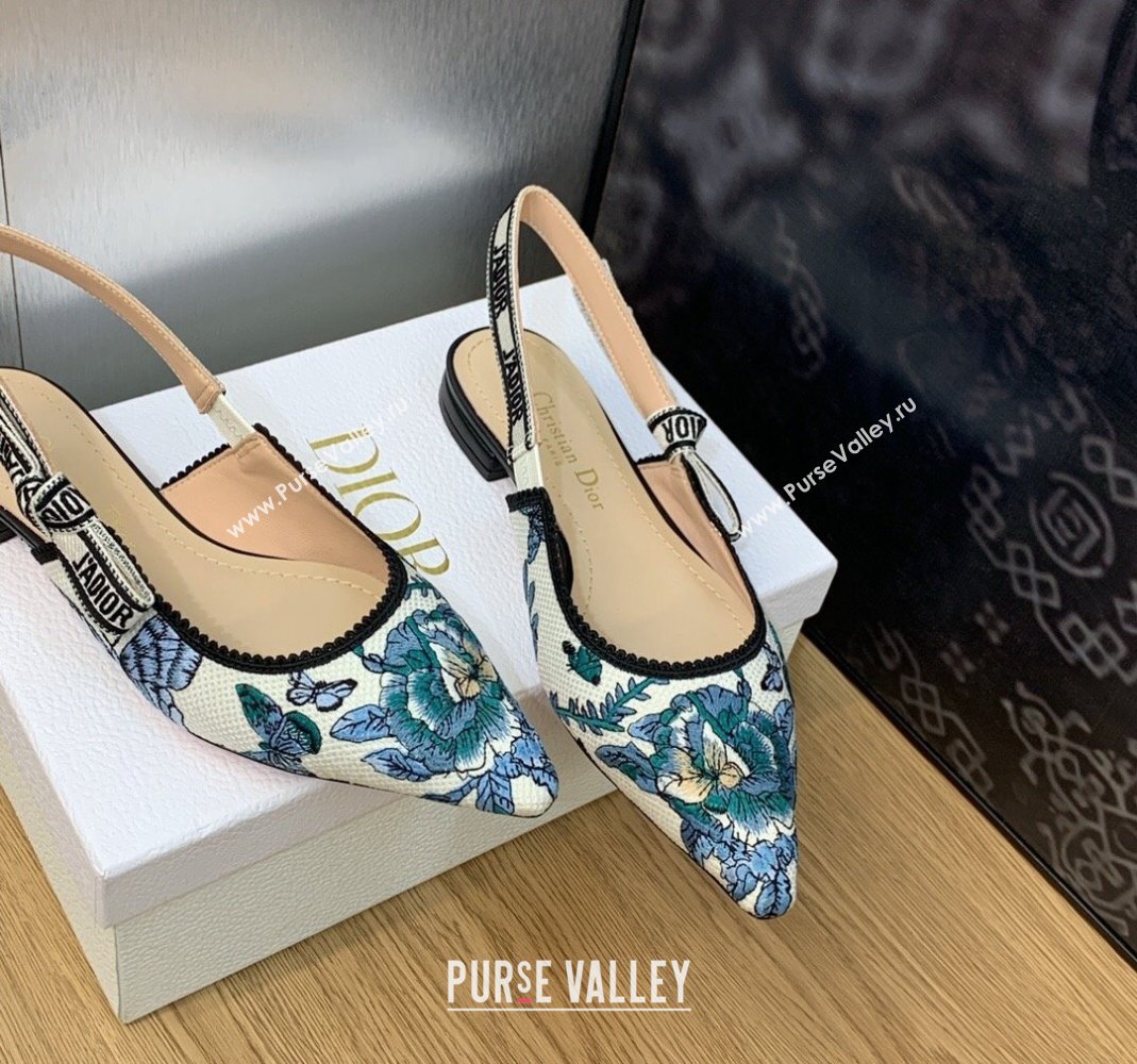 Dior JAdior Slingback Ballet Flat in White and Pastel Midnight Blue Toile de Jouy Mexico Embroidery 2023 (MD-231202003)