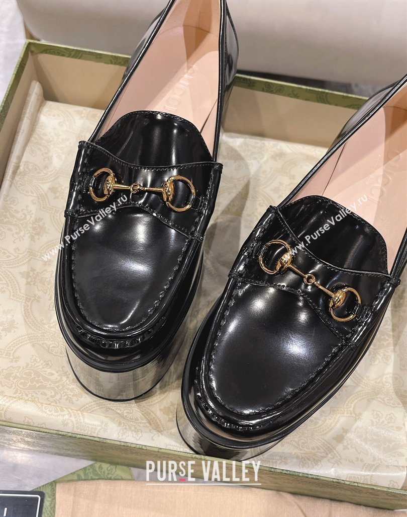 Gucci Ancra Platform Wedge Loafers in Shiny Leather with Horsebit Black 2023 (MD-231204109)