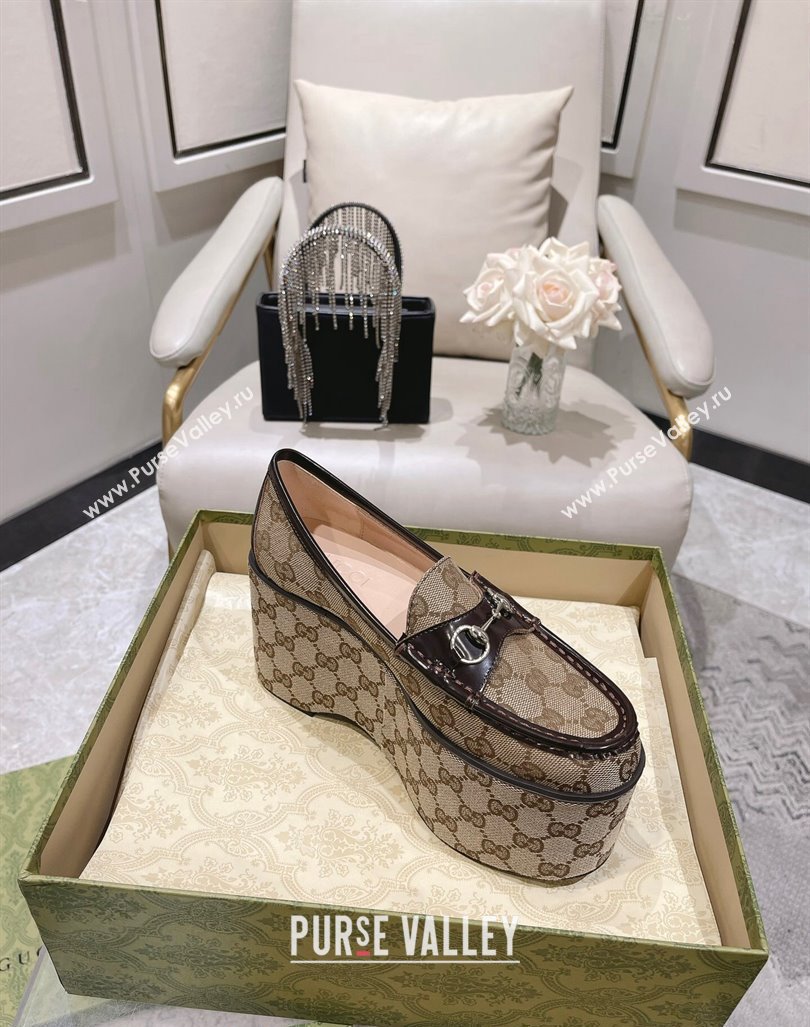 Gucci Ancra Platform Wedge Loafers in GG Canvas with Horsebit Beige 2023 (MD-231204113)