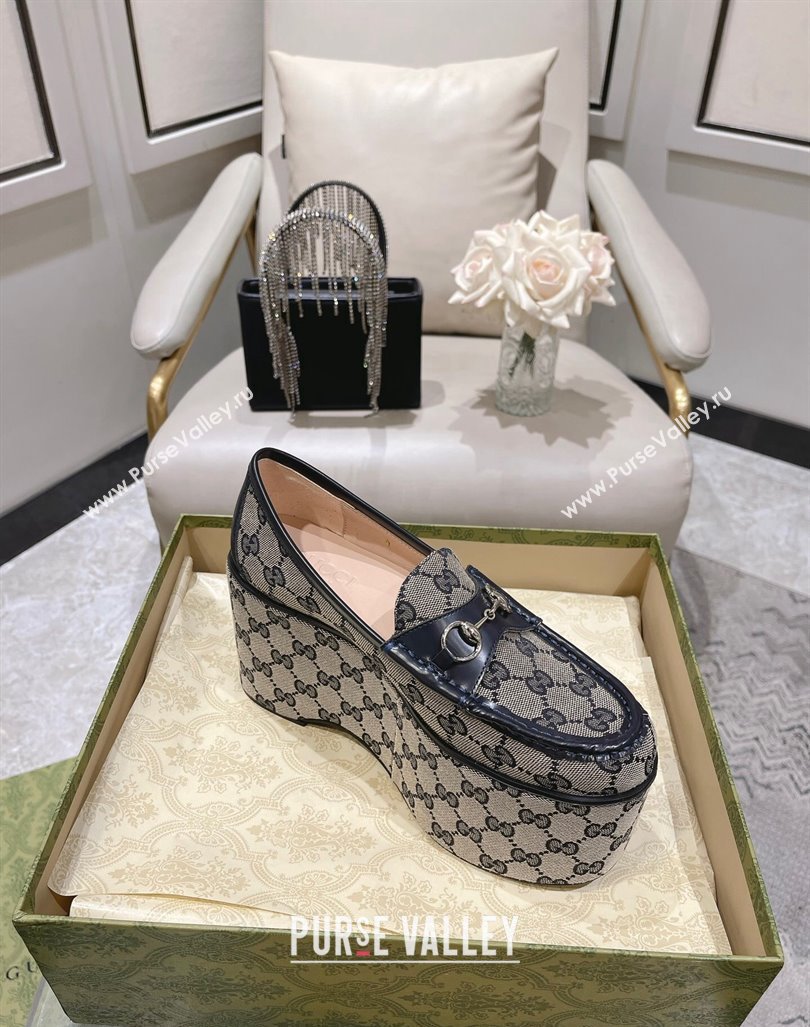 Gucci Ancra Platform Wedge Loafers in GG Canvas with Horsebit Grey 2023 (MD-231204114)