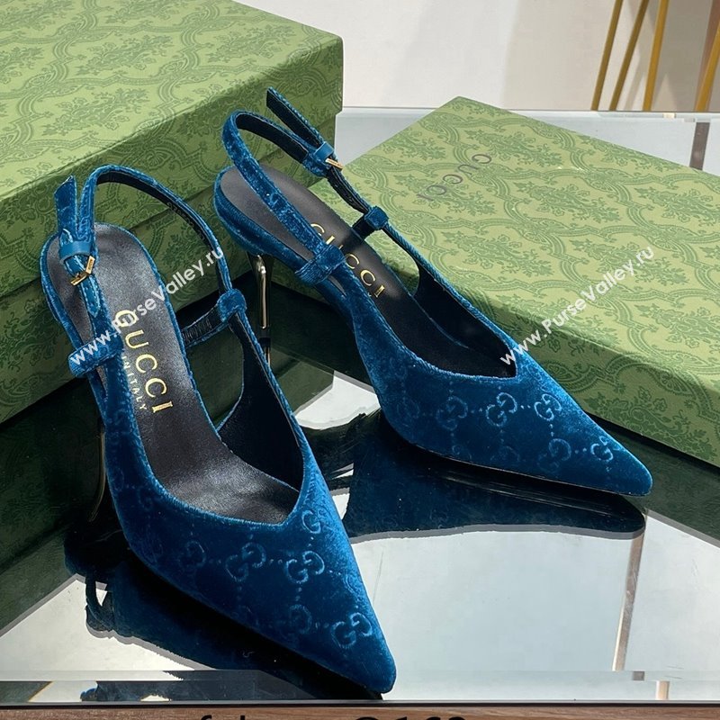 Gucci Slingback High heel Pumps 8.5cm in Blue Velvet 2023 762378 (MD-231205002)