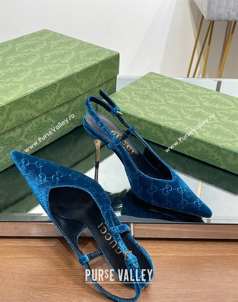 Gucci Slingback High heel Pumps 8.5cm in Blue Velvet 2023 762378 (MD-231205002)