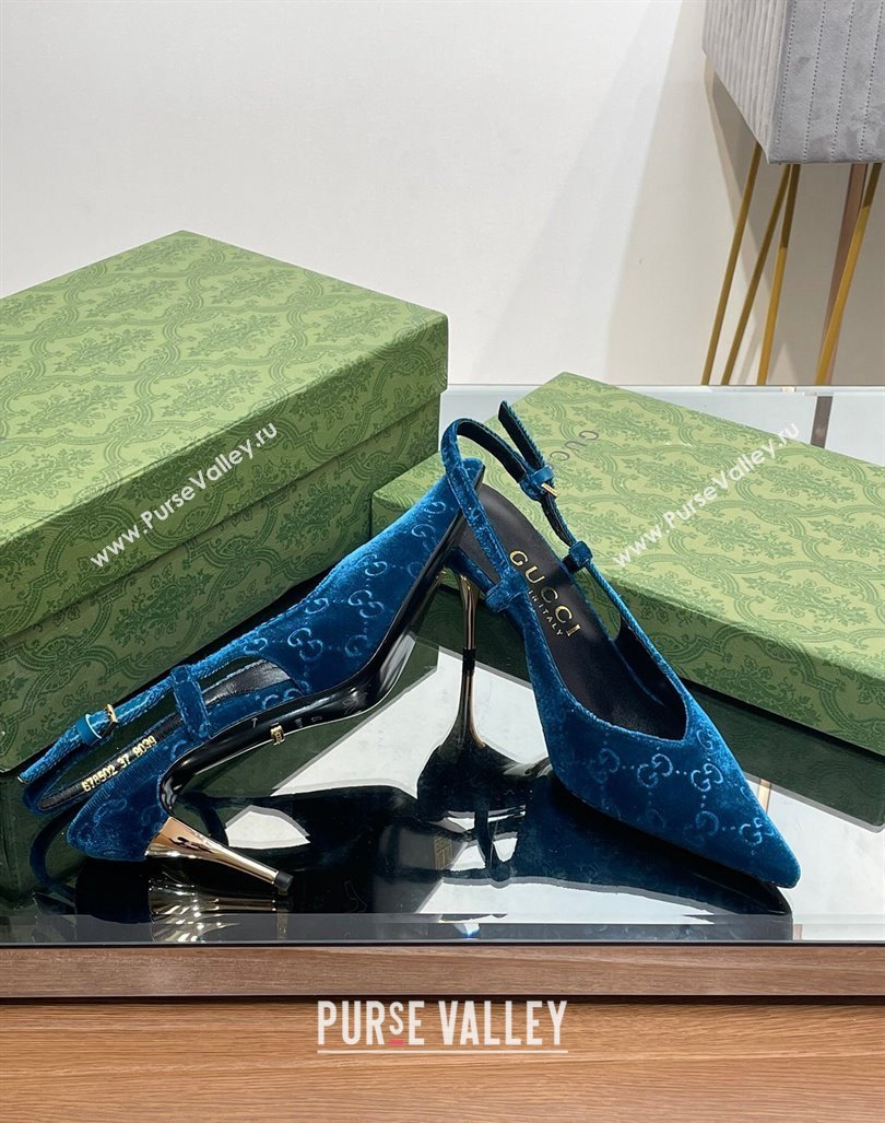 Gucci Slingback High heel Pumps 8.5cm in Blue Velvet 2023 762378 (MD-231205002)