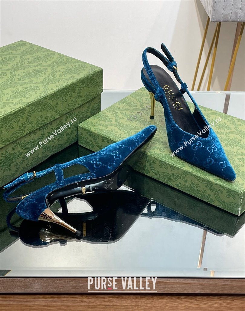 Gucci Slingback High heel Pumps 8.5cm in Blue Velvet 2023 762378 (MD-231205002)