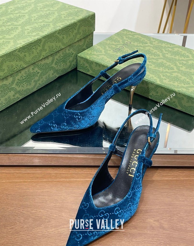 Gucci Slingback High heel Pumps 8.5cm in Blue Velvet 2023 762378 (MD-231205002)