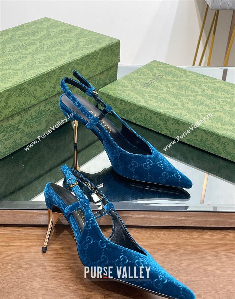 Gucci Slingback High heel Pumps 8.5cm in Blue Velvet 2023 762378 (MD-231205002)