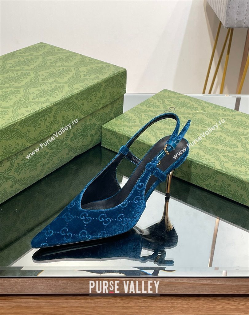 Gucci Slingback High heel Pumps 8.5cm in Blue Velvet 2023 762378 (MD-231205002)