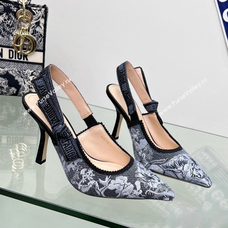 Dior JAdior Slingback Pumps 9.5cm in Blue Multicolor Embroidered Denim with Toile de Jouy Sauvage Motif 2023 (MD-231202007)