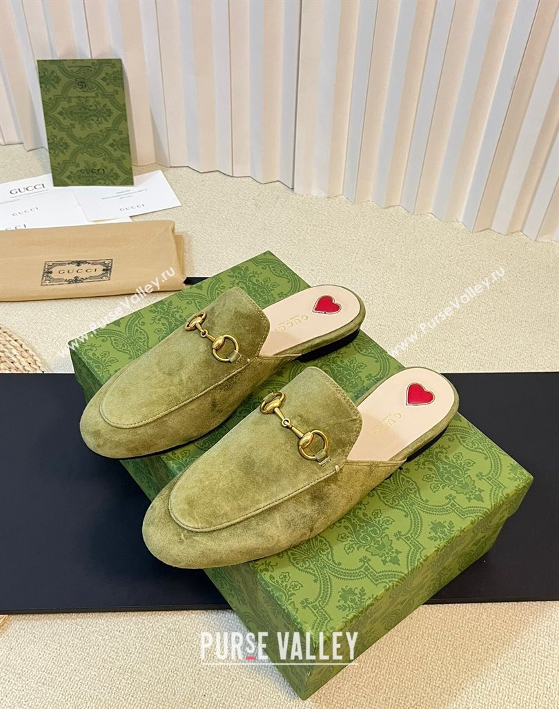 Gucci Princetown Suede Flat Slippers Green 1 2023 557730 (MD-231205006)