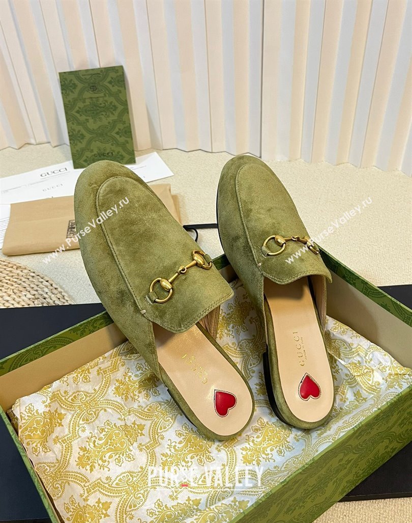 Gucci Princetown Suede Flat Slippers Green 1 2023 557730 (MD-231205006)