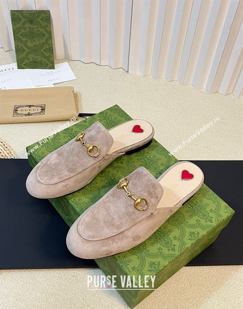 Gucci Princetown Suede Flat Slippers Grey 1 2023 557730 (MD-231205007)