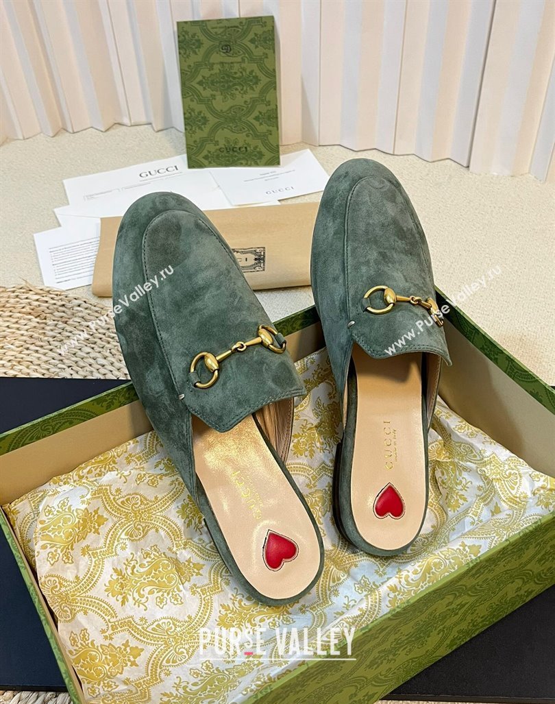 Gucci Princetown Suede Flat Slippers Green 2 2023 557730 (MD-231205013)