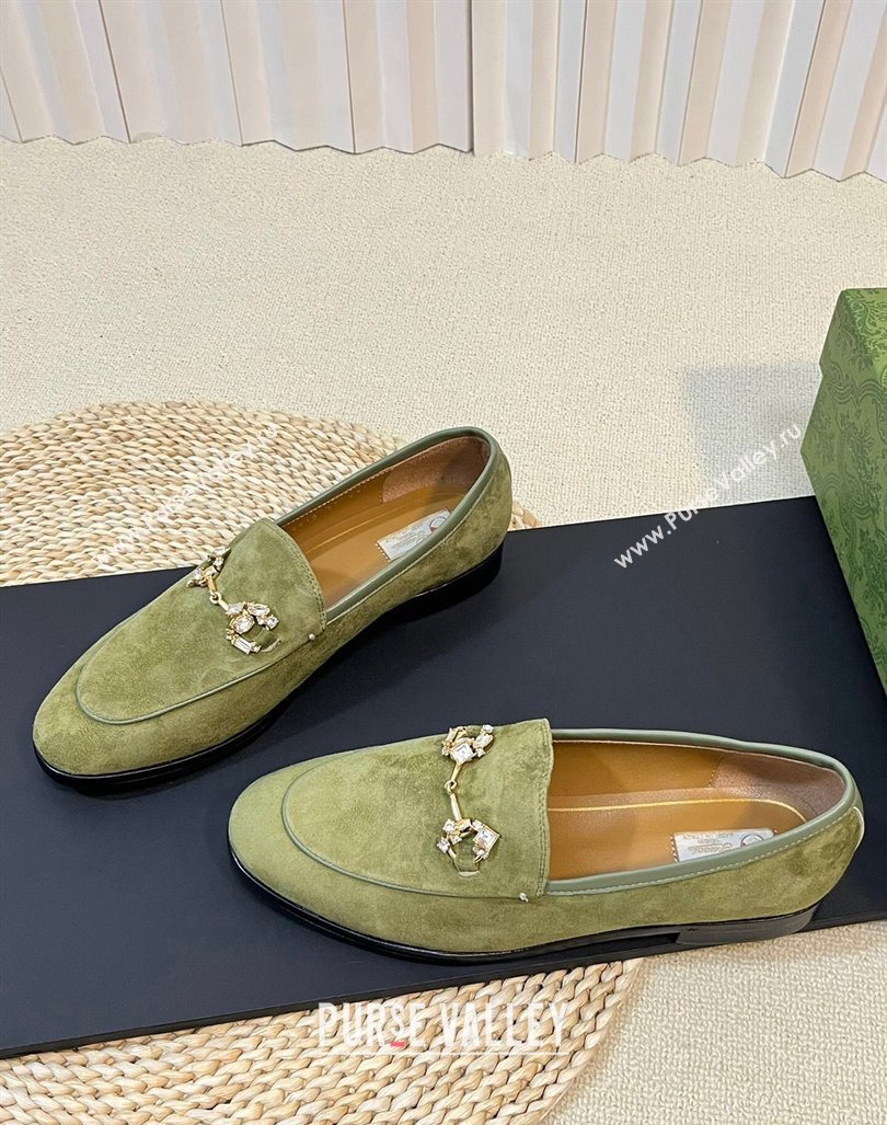 Gucci Jordaan Suede Loafers with Crystals Green 1 2023 759918 (MD-231205022)