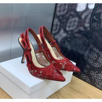 Dior JAdior Slingback Pumps 9.5cm in Transparent Mesh Embroidered with Red 3D Macrame-Effect D-Lace Motif 2023 (MD-231202013)