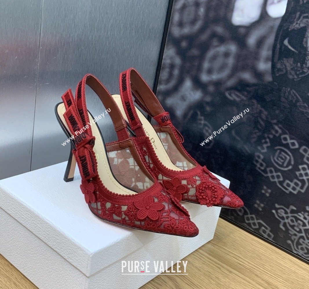 Dior JAdior Slingback Pumps 9.5cm in Transparent Mesh Embroidered with Red 3D Macrame-Effect D-Lace Motif 2023 (MD-231202013)